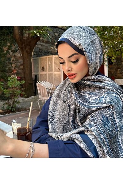 LEİLA SCARF İthal Vual İpek Şal Lacivert Gri Büyük Boy Şal