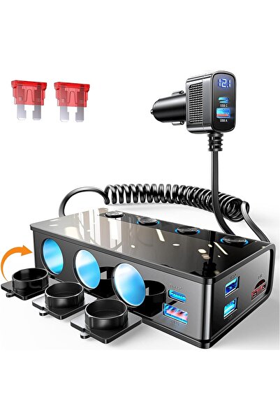 Timebox Adaptor brichetă auto 9 în 1, 3 prize, 191W, încărcare rapidă, 4 USB QC3.0, 2 tipuri-