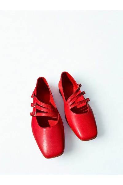 SALDA Hakiki Deri Kadın Kırmızı Mary Jane Babet- El Yapımı Günlük Rahat Ayakkabı