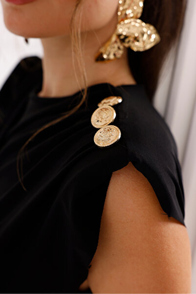 Moda Palmiss Kadın Siyah Büzgü Detaylı Omuz Aksesuarlı Kolsuz Sandy Abiye Elbise