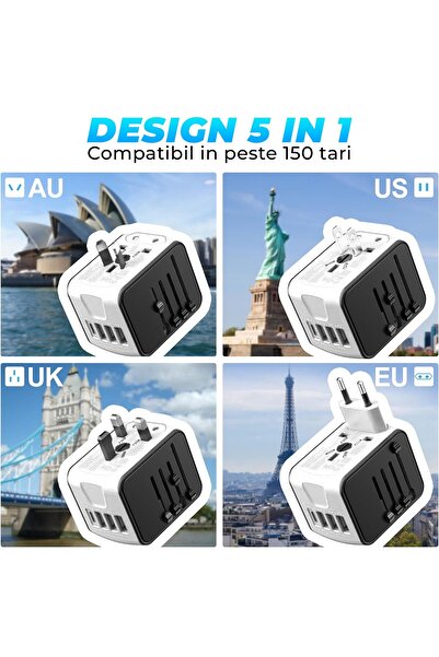 Timebox Universal travel charger adapter, , 3 x USB, 1 x Type-C for US, UK, EU, Australia, Asia, White