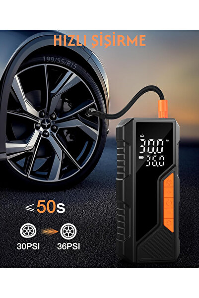 Enshall Dijital Göstergeli Led Işıklı Taşınabilir 4500mAh Araç Lastik Şişirme Hava Kompresörü