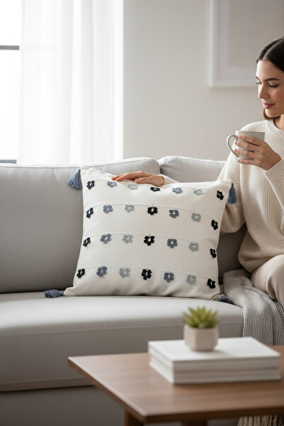 Chintar وسادة مزخرفة من القطن باللون الفحمي - غطاء وسادة واحد مطرز