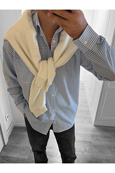 King Brothers Oversize Bol Kalıp Beyaz Mavi Çizgili Cepli Erkek Uzun Kol Gömlek