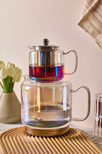 Perotti Elena Luster Indüksiyon Tabanlı Borosilikat Cam Çaydanlık Takımı 500 ml Demlik 1800 ml Suluk