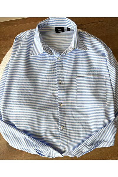 King Brothers Loose Fit Μπλε ριγέ Boyfriend Oversize πουκάμισο Νέας σεζόν Μακρυμάνικο μονή τσέπη