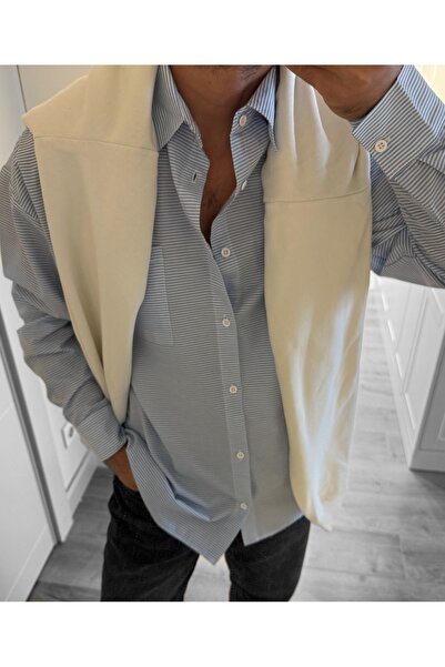 King Brothers Чоловіча сорочка синя в тонкі смужки, вільного крою, бавовняна, з кишенями, літня сорочка з довгими рукавами