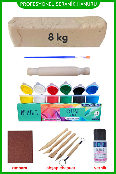 O&S Oyun ve Sanat Eğlen-Üret Ceramic Clay Starter Kit 8 Kg, 5-Piece Wooden Ebeşuar (Modeling Set), Natural Clay
