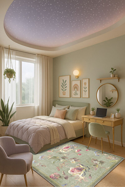 PELİT HOME Modern Floral Desenli Kaydırmaz Pamuk Tabanlı Yıkanabilen Şönil De...