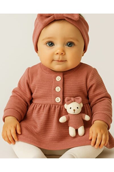 phopshops Babyblue Kışlık Peluş Ayıcık Süslemeli Kadife Şapkalı Kadife Elbise