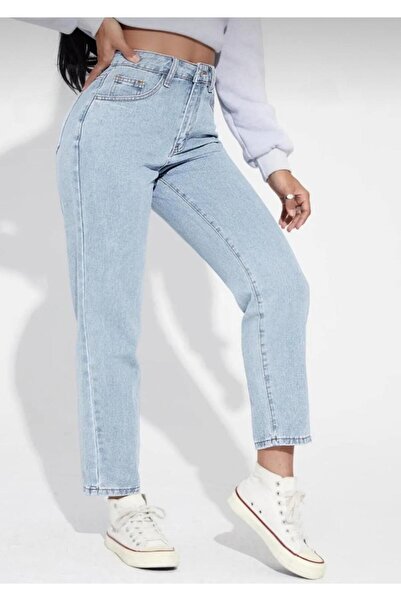 Asia Nicowomen's High Waist Blue Snow Wash Lycra Mom Jeans Boyfrend