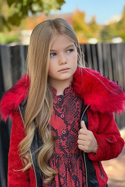 Riccotarz Girl's Fur Collar, Leather Detailed Plush Jacket and Patterned Red Dress