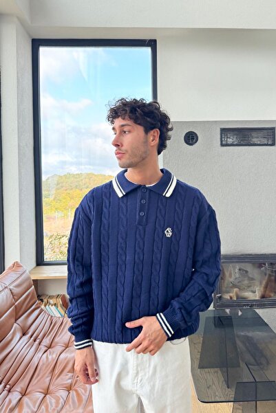 Flaw Wear Πλεκτό πουλόβερ με γιακά πόλο σε μπλε ναυτικό χρώμα