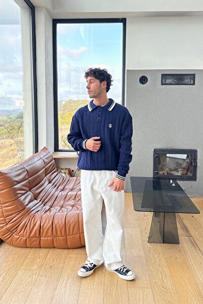 Flaw Wear Πλεκτό πουλόβερ με γιακά πόλο σε μπλε ναυτικό χρώμα