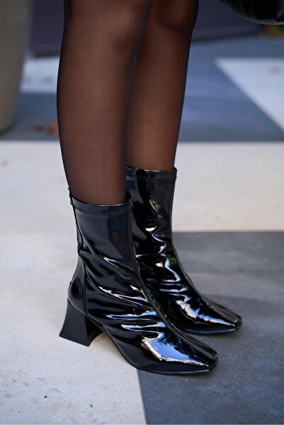 kalyoncu moda Tokyo Siyah Rugan Renkli Streç Topuklu Bot