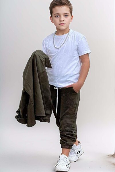 Riccotarz Boy's Snap Button Detailed Shirt Collar Jacket Combed Cotton T-Shirt Khaki Tracksuit Set