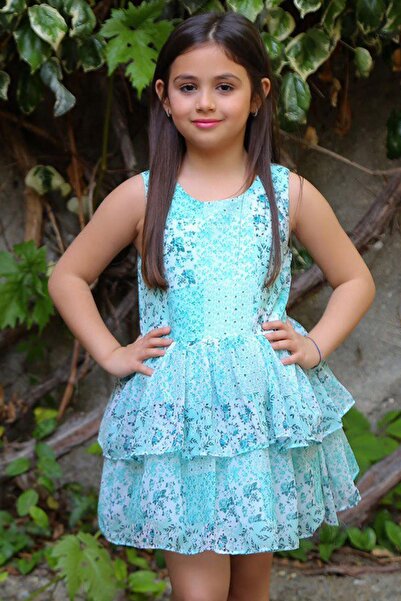 Riccotarz Girl's Flower Printed Skirt Katkat Tulle Zero Sleeve Turquoise Dress