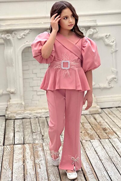 Riccotarz Lány cipzár és öv részletes duplasoros gallér, rózsaszín alsó és felső szett