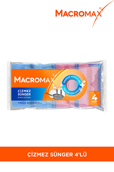MACRO MAX Tırnak Koruyuculu Çizmez Bulaşık Süngeri 4'lü Paket, Teflon Ve Hass...