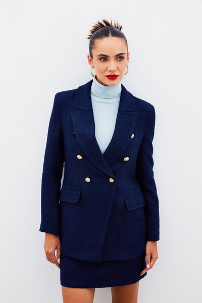 Sateen Кнопковий твітовий піджак - СИНІЙ