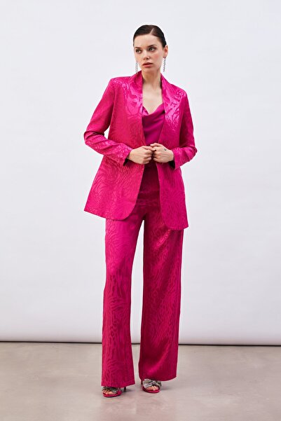 Sateen Desenli Saten Pantolon - Fuşya
