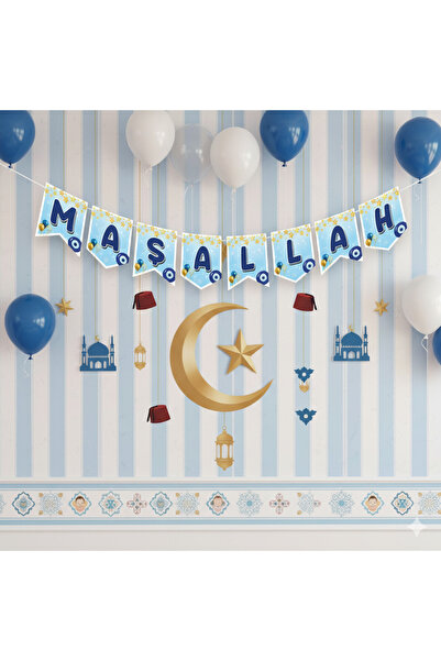 Deniz Party Store Yıldız Detaylı Maşallah Sünnet temalı Uzar Yazı Zigzag Banner