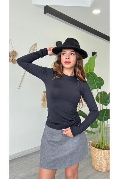 modadagiyim Kadın Bisiklet Yaka Likralı Uzun Kol Rahat ve Esnek Basic Premium Body