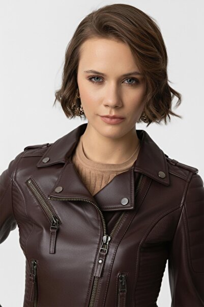 Deriderim Koyu Kahverengi Yeşil Laney Biker Motorcu Kadın Fermuarlı Astarlı Dikişli Apoletli Kısa Hakiki Deri