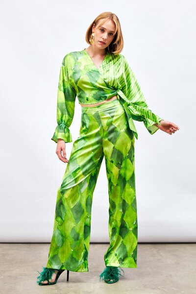 Sateen High Waist Patterned Trousers - Green