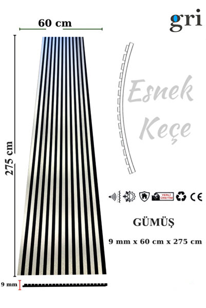 GRİDEKOR GÜMÜŞ AHŞAP AKUSTİK LAMBİRİ PANEL 60X275 9MM