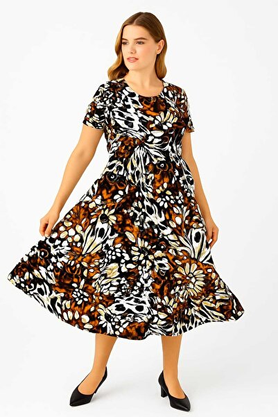 Şans Women's Plus Size Black, Butterfly Pattern, Crew Neck Viscose Dress 65N39156