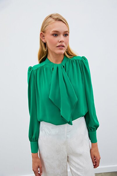 Sateen Bluză casual cu guler eșarfă - verde