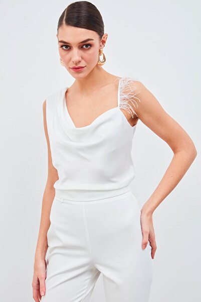 Sateen Bluză Ecru Degaje cu pene - Cu bretele