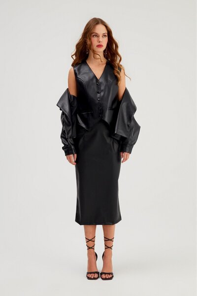 Sateen Черна кожена пола-молив