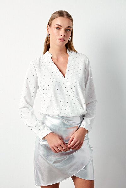 Sateen Parlak Puantiye Desenli Bluz - Ekru