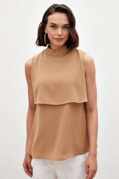 Sateen Bluză cu volan detaliată pentru accesorii - Camel