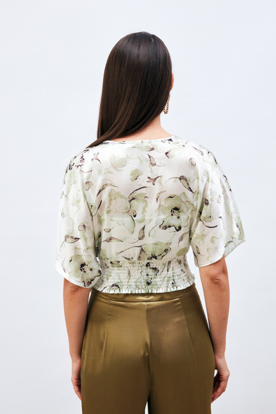 Sateen Belted Patterned Double Breasted Blouse - ÇAĞLA GREEN