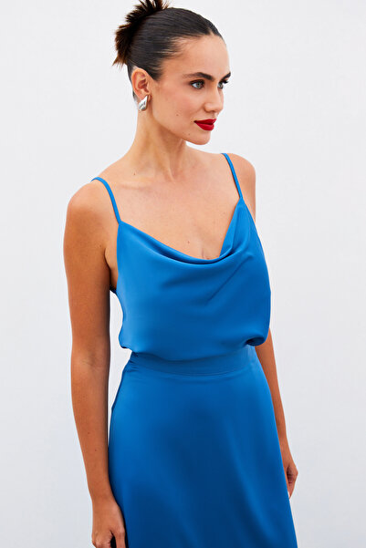 Sateen Degaje Yaka Saten Bluz - İndigo