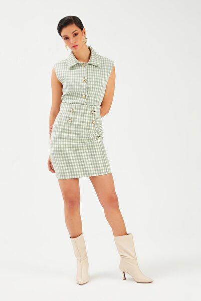 Sateen Kazayağı Desenli Mini Etek - Çağla Yeşili