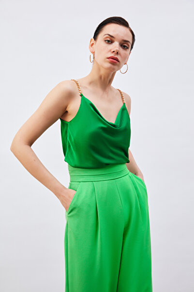 Sateen Zincir Askılı Saten Bluz - Yeşil