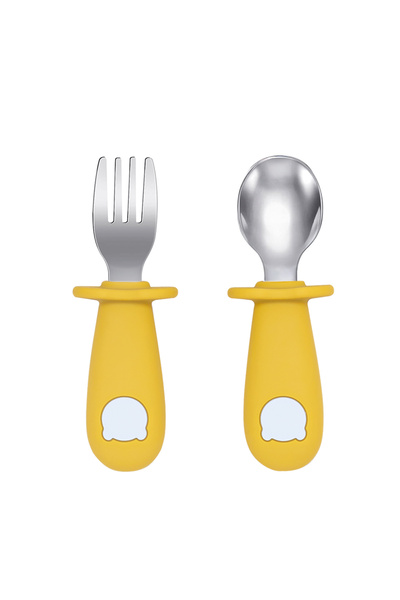 Choice 003 mustard New Design Baby Feeding Solid Food Spoon Fork Set BPA Free Silicone Handle Cartoon Bear