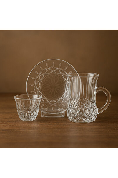 aljahwari طقم شاي زجاجي مكون من 18 قطعة مكون من 6 فناجين شاي + 6 صحون شاي + 6...