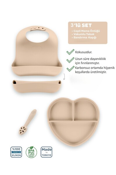 Moki Silikon Beslenme Seti 3'lü Latte Bej / Mama Tabağı, Mama Önlüğü, Bandırm...