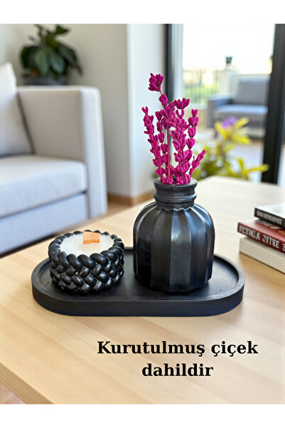 JakarandaDesign Dekoratif Vazo (Lavanta Hediyemiz), Mum ve Tepsi 3’lü Dekorat...