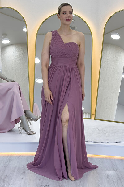 thezkscom Women's One Shoulder Pleated Flared Evening Dress Navy Blue, Black, Red, Emerald Green, Dusty Rose