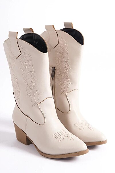 Preshley Γυναικείες μπότες καουμπόη με φερμουάρ, δερμάτινες κρεμ, με κέντημα αγγέλου, Western Cowboy