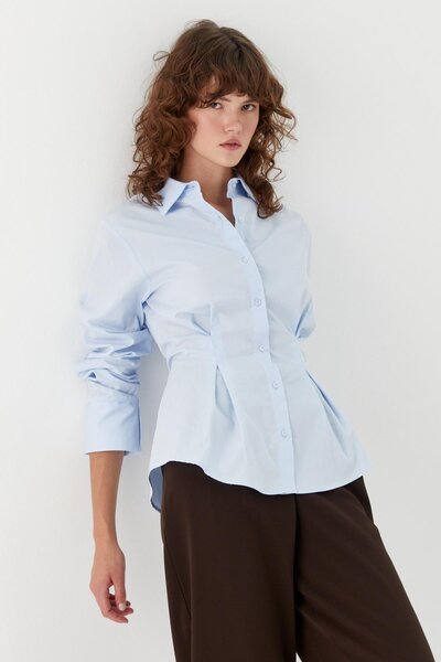 MARKALİSTE Belden Pleated Shirt with Waist Tie Blue