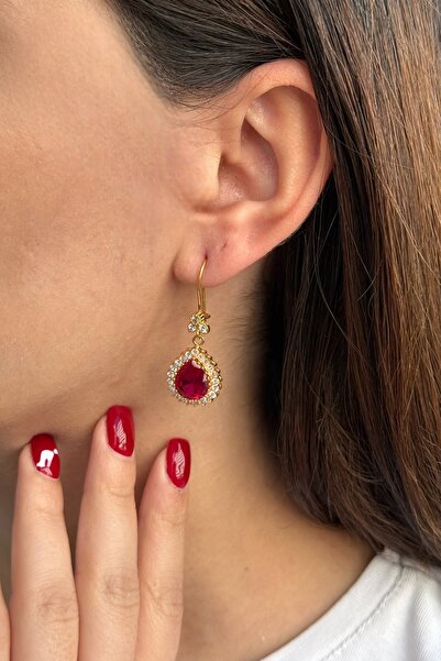 Utku Kuyumculuk 22 AYAR KIRMIZI DAMLA TAŞLI ÖZEL TASARIM SALLANTILI KÜPE