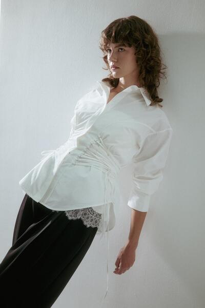MARKALİSTE Long Shirt with Side Tie Detail Ecru
