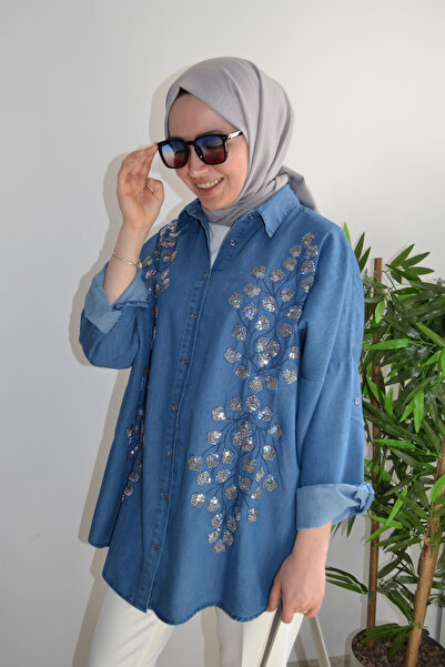 ASELA. قميص تونيك من قماش الدنيم المطرز كبير الحجم